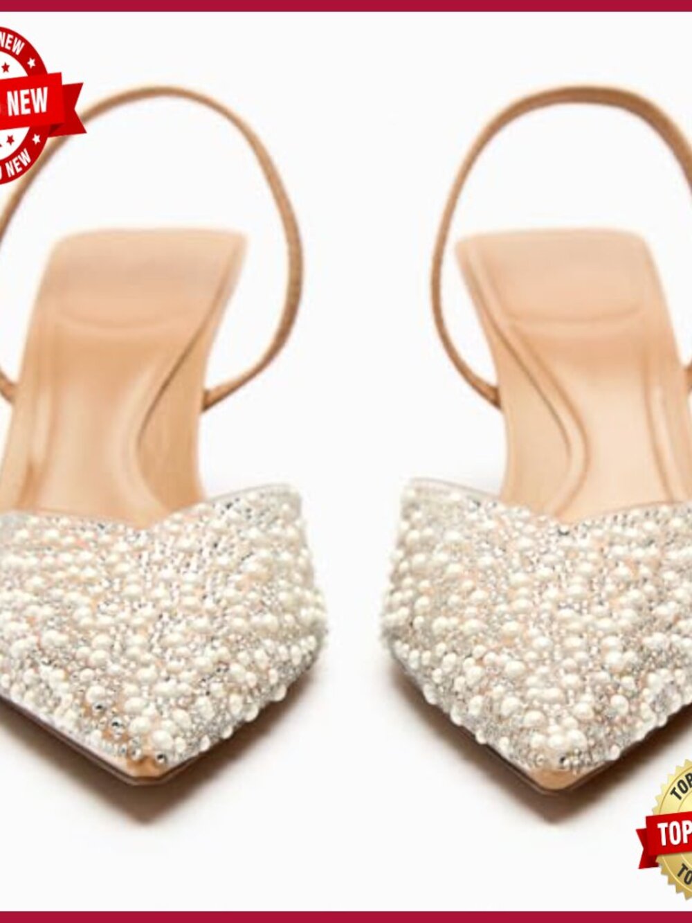 Pearl Studded Clear Slingback Heels Pointed Toe Kitten Mid Heels Wedding Party - Picture 5 of 7